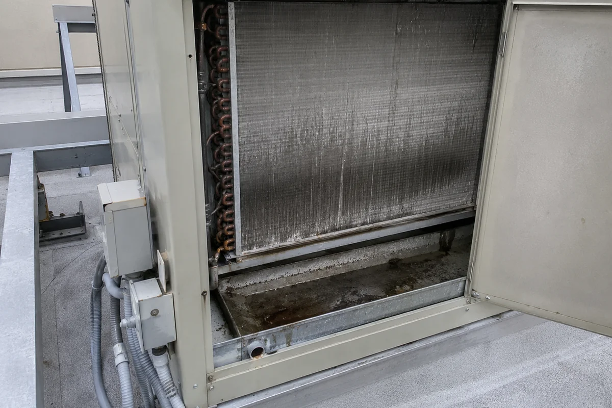 A rooftop air handling unit access panel