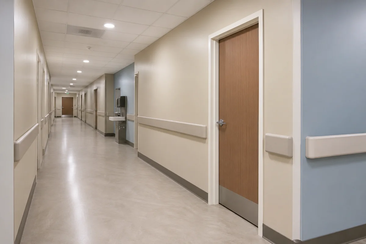 A hospital corridor kept in service during remediation