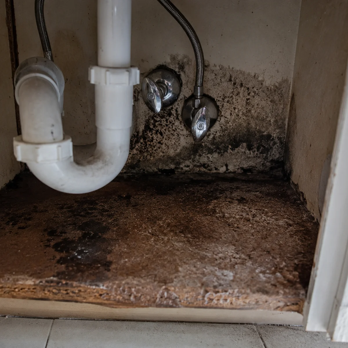 Water-damaged cabinet base under a kitchen sink