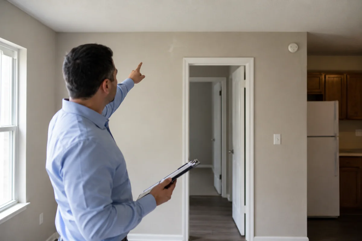 A manager inspecting a unit with a clipboard