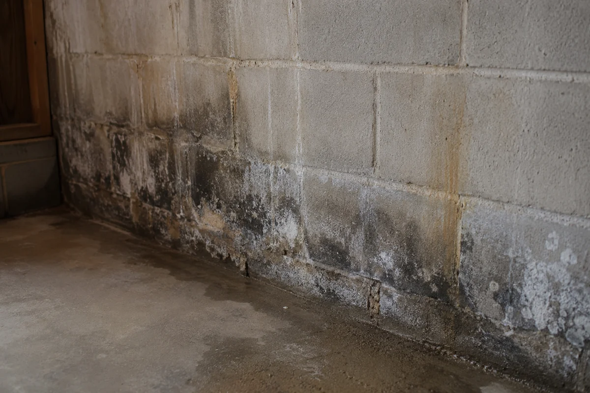 Mold and moisture on a basement wall